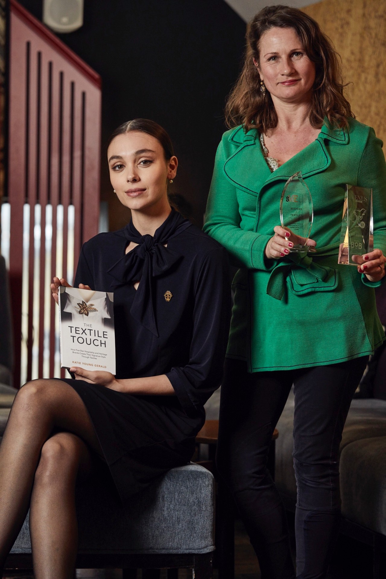 Katie Young with her book The Textile Touch and bespoke textiles awards
